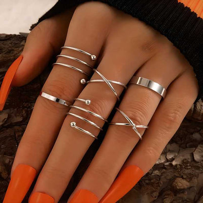 Silver Color Round Hollow Geometric Fashion Cross Twist Open Ring Set Joint (6Pcs)