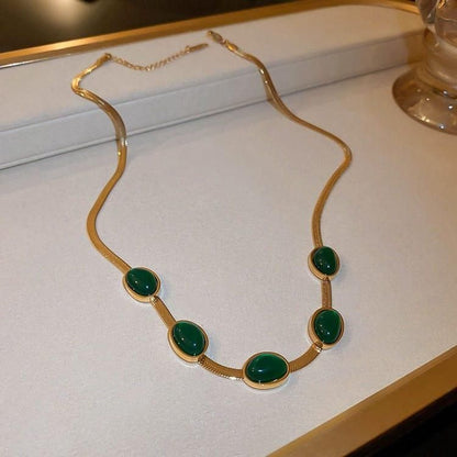 Elegant Oval Green Crystal Necklace & Bracelet Set - Gold Plated Stainless Steel